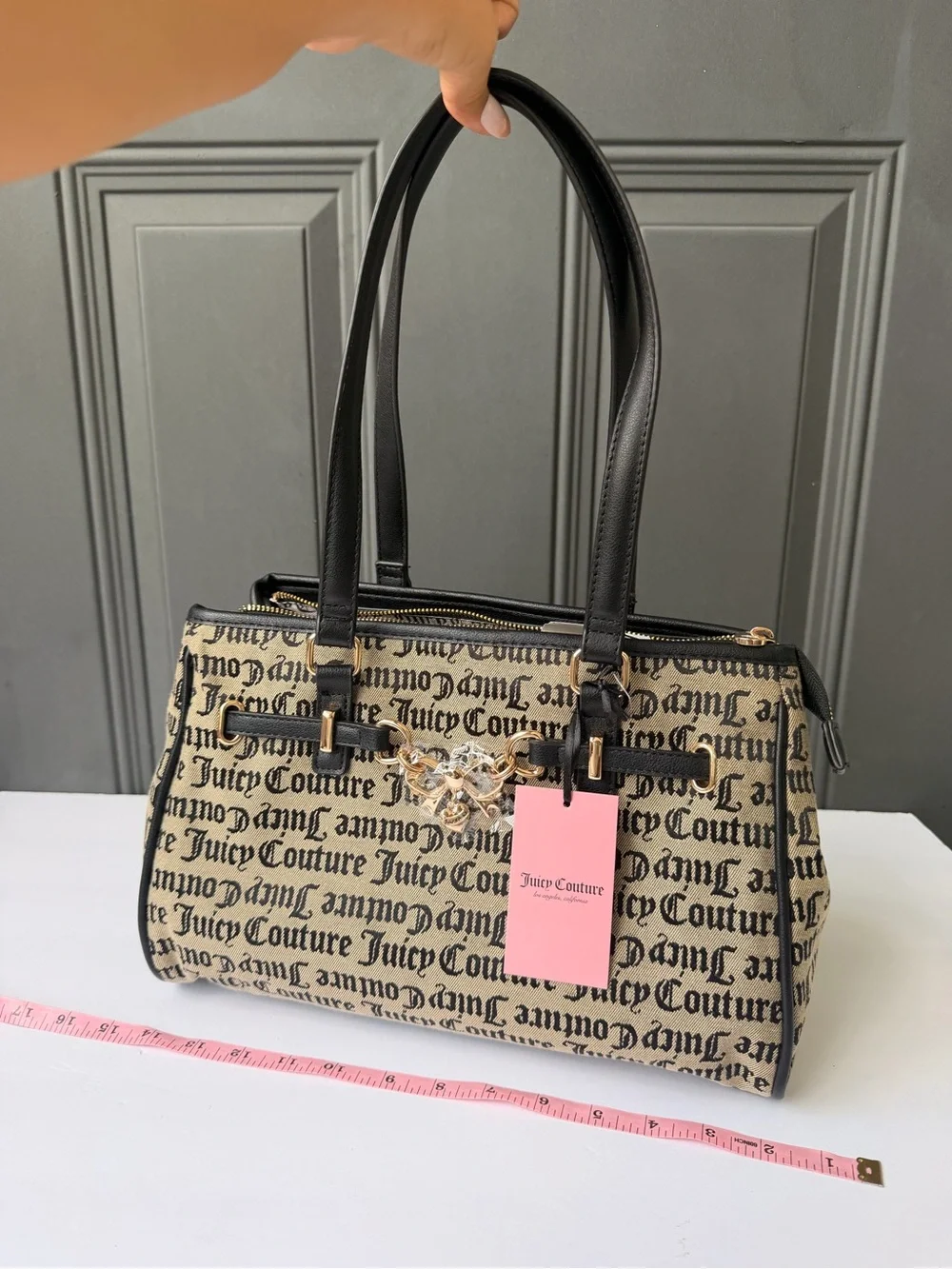 Juicy Couture Black & Beige Logo Dome Satchel with Gold Charm